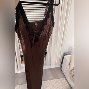 Brown satin maxi dress.